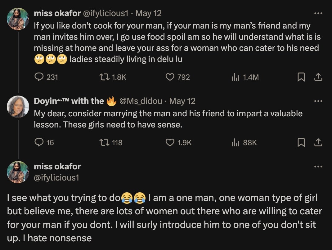 Outrage as lady vows to cook for husband's friends whose wives don't